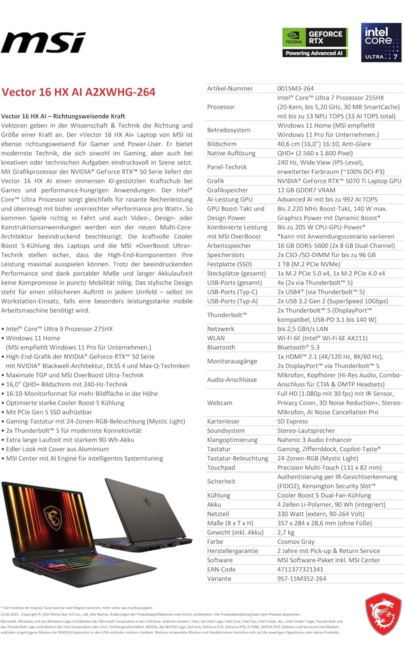 MSI Gaming Notebook  Vector 16